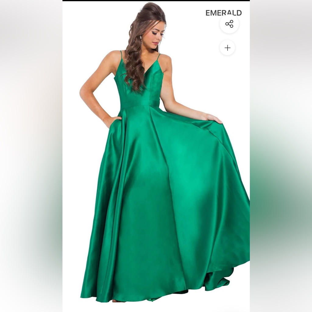 Jvn By Jovani Emerald Satin Plunging V-Neck Bias Cut Full Length Skirt Gown, 0